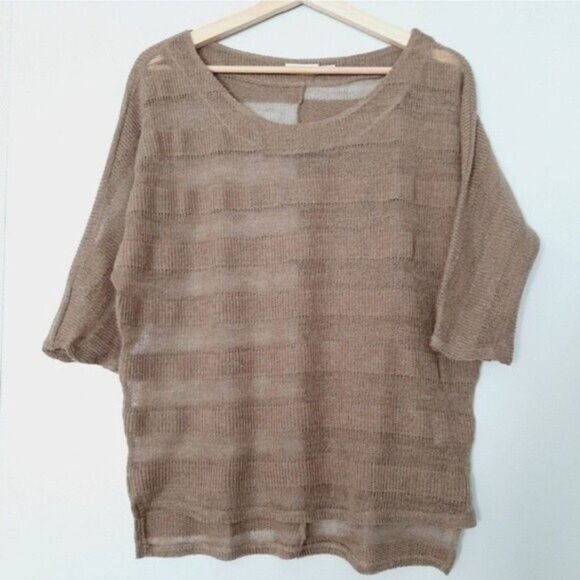 BLUE BIRD Semi-sheer Oversized Fine Knit Sweater Top Stripped Tan Sz M - Picture 2 of 10